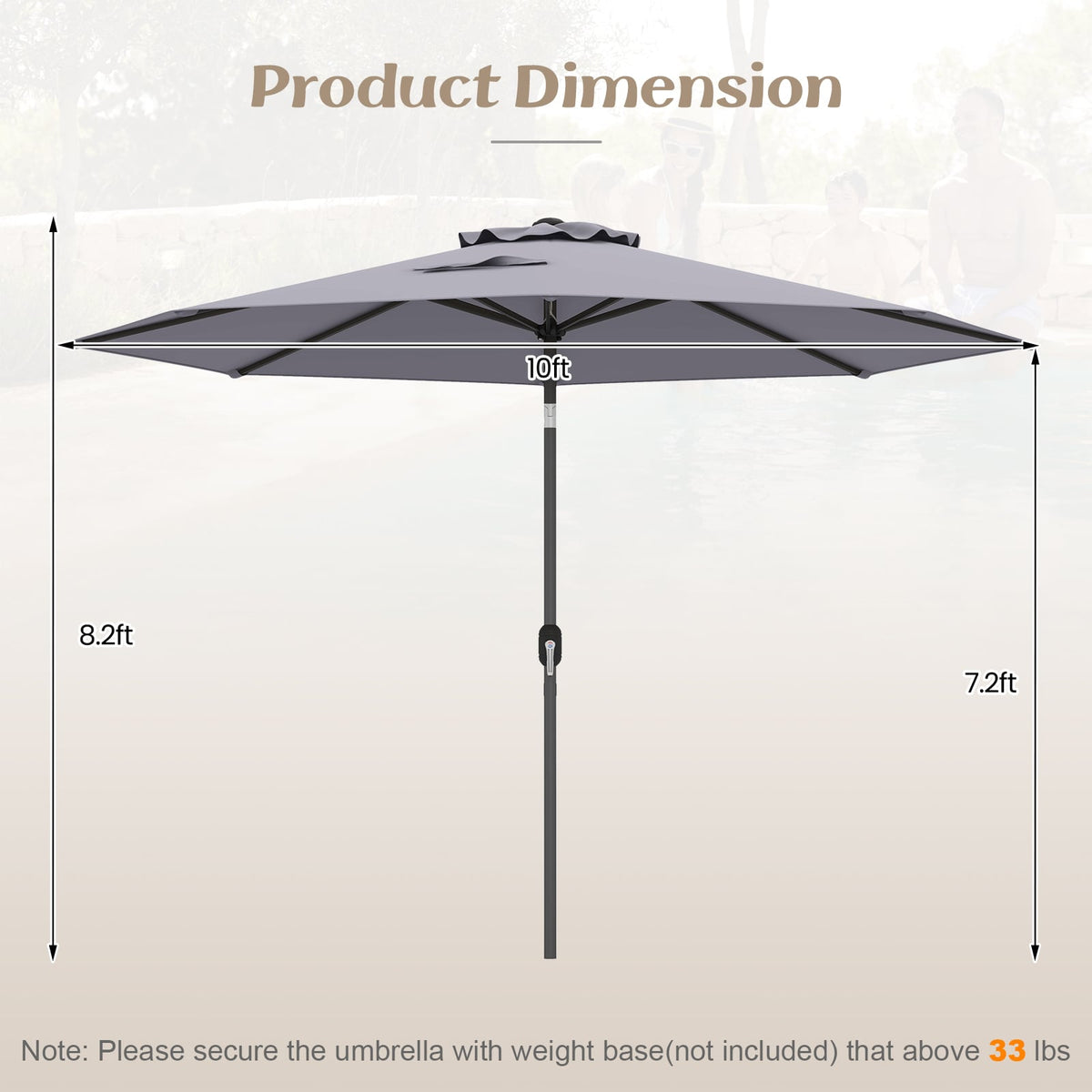 10 Feet Outdoor Patio Umbrella with Tilt Adjustment and Crank-Gray-Outdoor Umbrellas-DECOROLALA