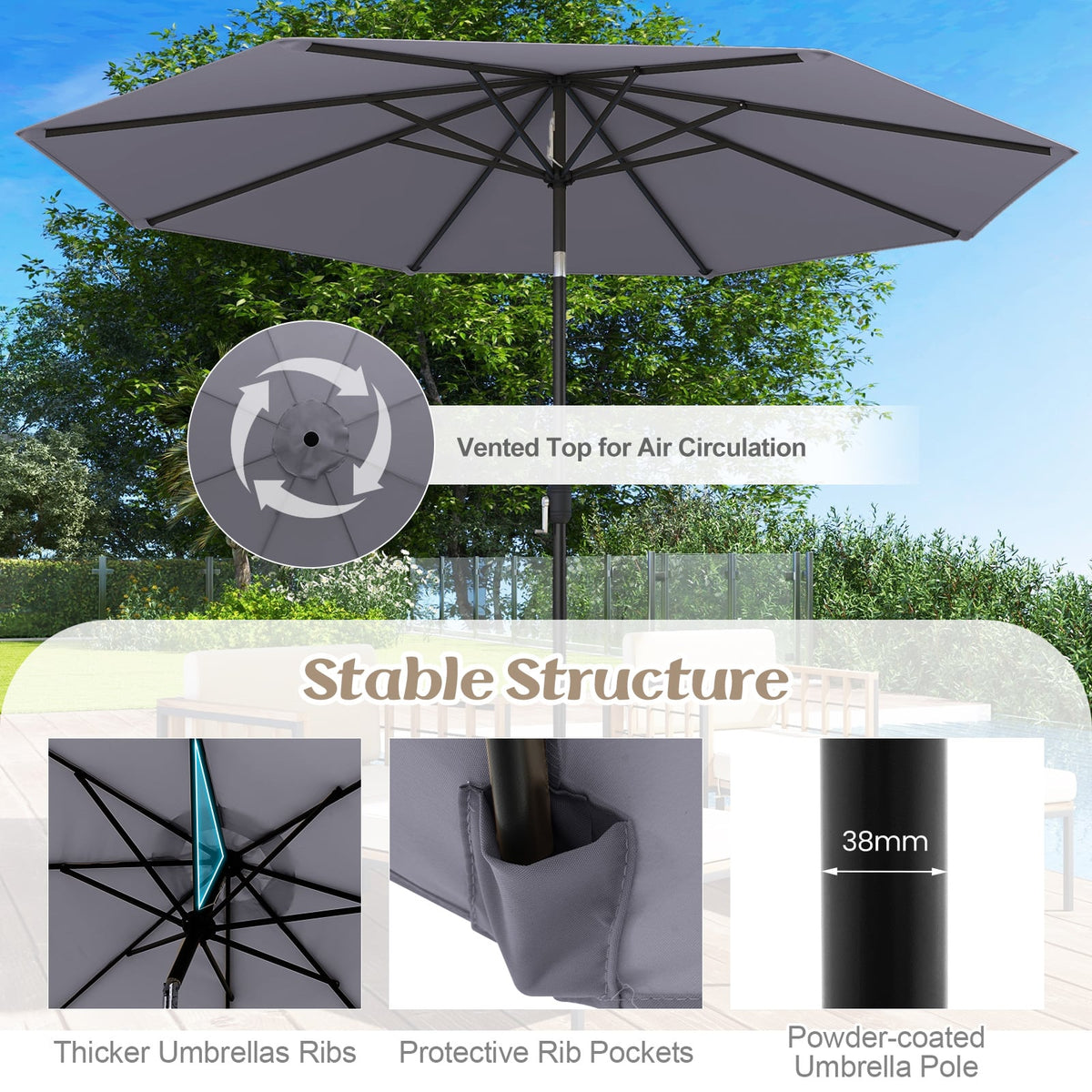 10 Feet Outdoor Patio Umbrella with Tilt Adjustment and Crank-Gray-Outdoor Umbrellas-DECOROLALA