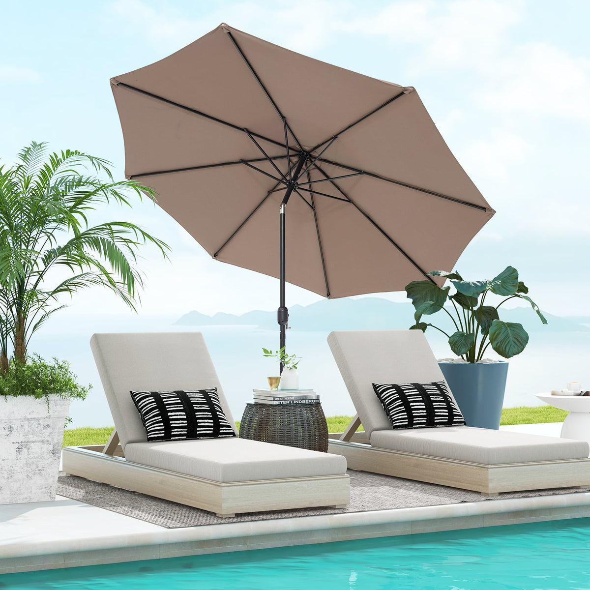 10 Feet Outdoor Patio Umbrella with Tilt Adjustment and Crank-Tan-Outdoor Umbrellas-DECOROLALA
