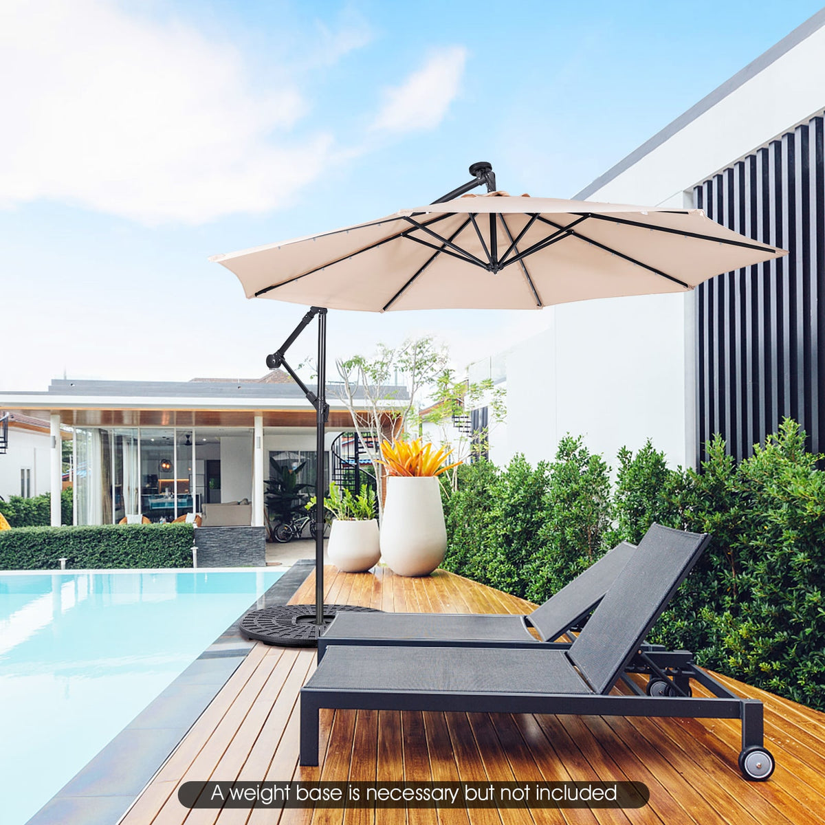 10 Feet Patio Solar Powered Cantilever Umbrella with Tilting System-Beige-Outdoor Umbrellas-DECOROLALA