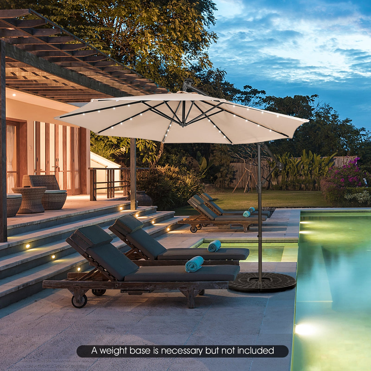 10 Feet Patio Solar Powered Cantilever Umbrella with Tilting System-Beige-Outdoor Umbrellas-DECOROLALA