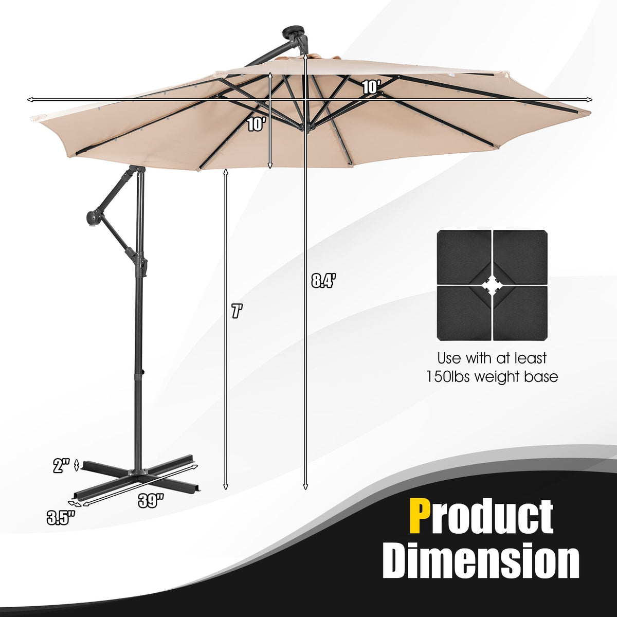 10 Feet Patio Solar Powered Cantilever Umbrella with Tilting System-Beige-Outdoor Umbrellas-DECOROLALA