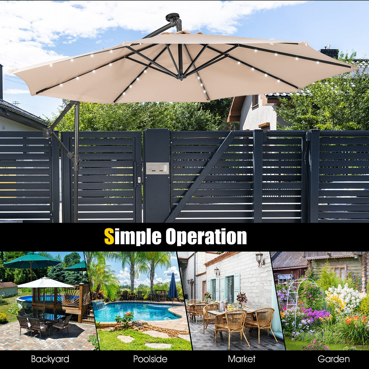 10 Feet Patio Solar Powered Cantilever Umbrella with Tilting System-Beige-Outdoor Umbrellas-DECOROLALA