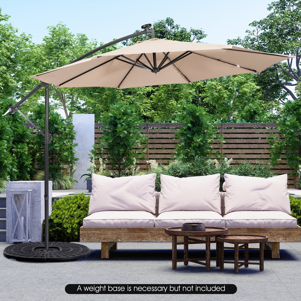 10 Feet Patio Solar Powered Cantilever Umbrella with Tilting System-Beige-Outdoor Umbrellas-DECOROLALA