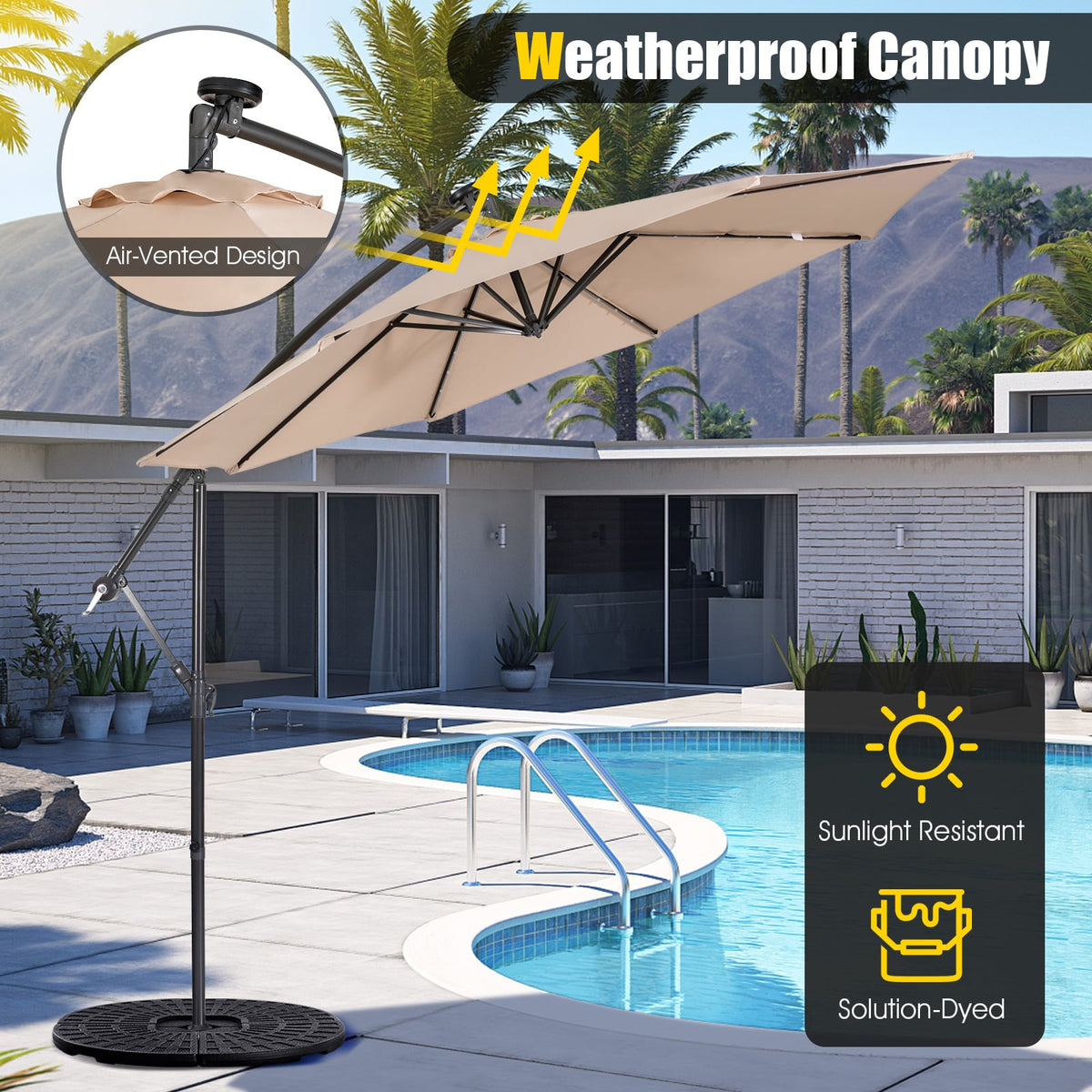 10 Feet Patio Solar Powered Cantilever Umbrella with Tilting System-Beige-Outdoor Umbrellas-DECOROLALA