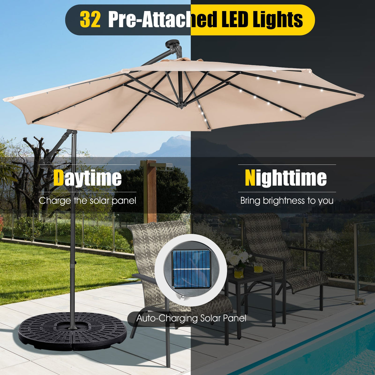 10 Feet Patio Solar Powered Cantilever Umbrella with Tilting System-Beige-Outdoor Umbrellas-DECOROLALA