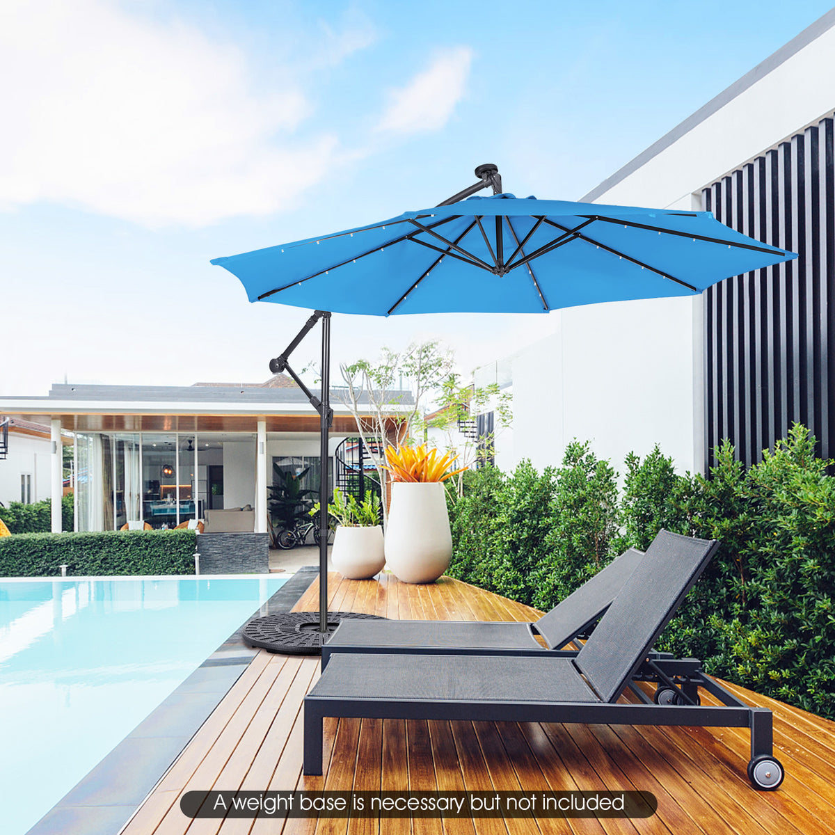 10 Feet Patio Solar Powered Cantilever Umbrella with Tilting System-Blue-Outdoor Umbrellas-DECOROLALA