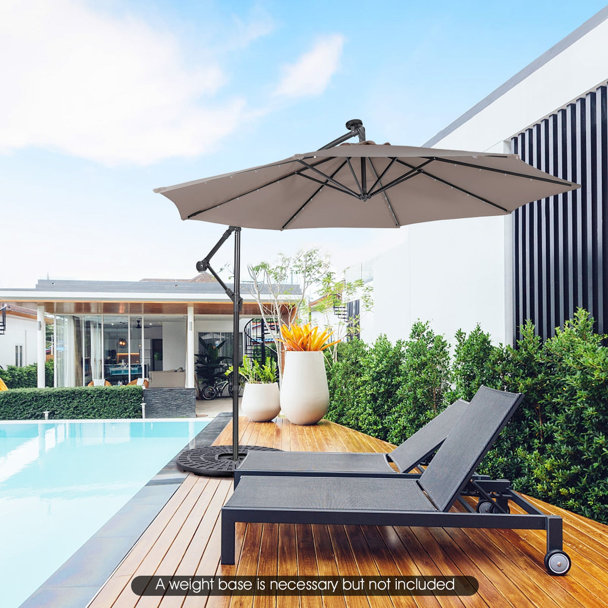 10 Feet Patio Solar Powered Cantilever Umbrella with Tilting System-Coffee-Outdoor Umbrellas-DECOROLALA
