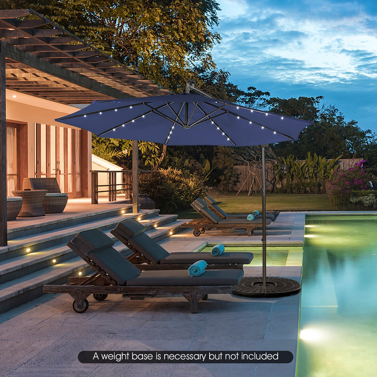 10 Feet Patio Solar Powered Cantilever Umbrella with Tilting System-Navy-Outdoor Umbrellas-DECOROLALA