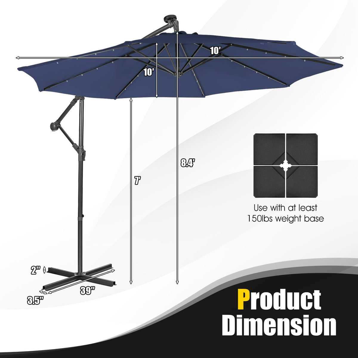 10 Feet Patio Solar Powered Cantilever Umbrella with Tilting System-Navy-Outdoor Umbrellas-DECOROLALA