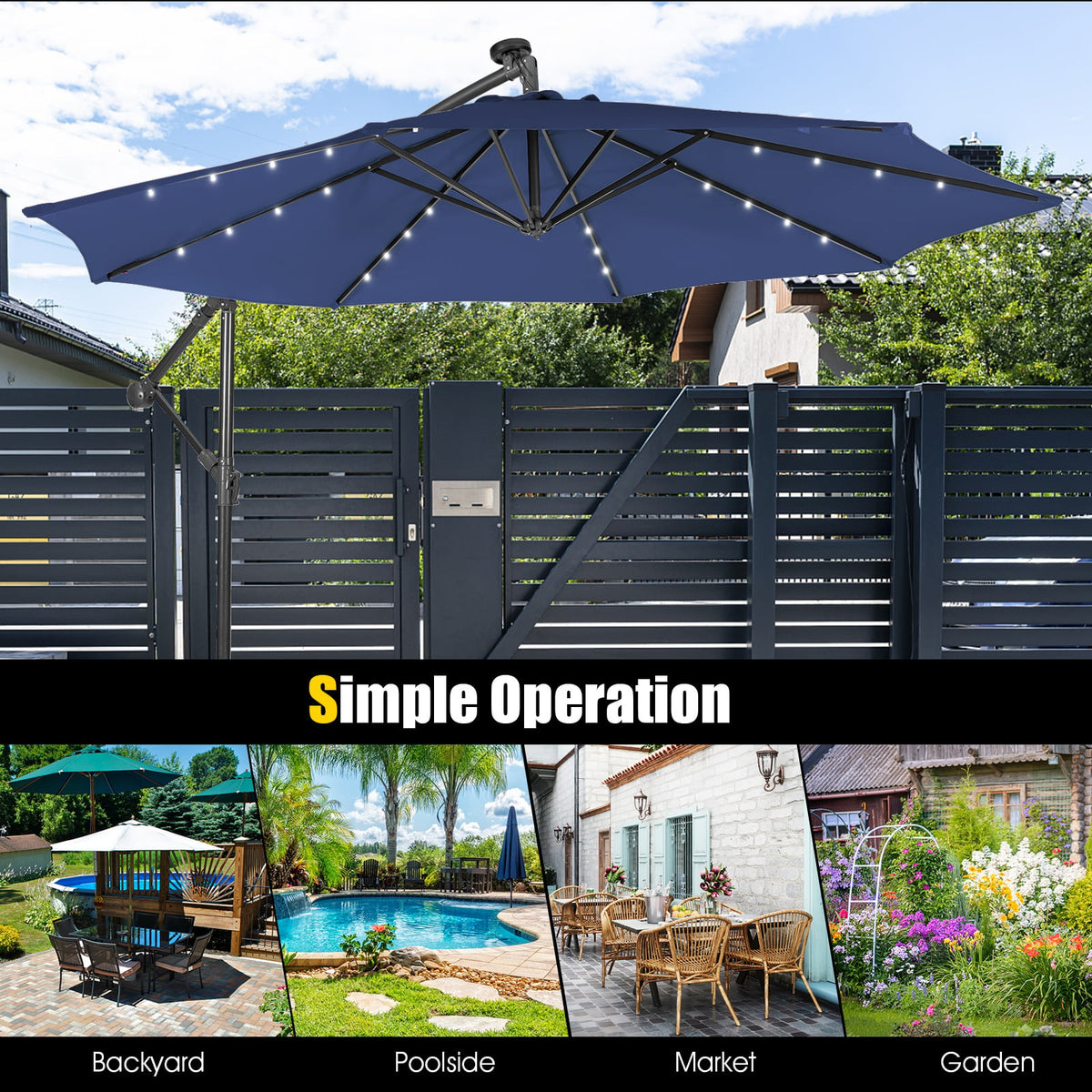 10 Feet Patio Solar Powered Cantilever Umbrella with Tilting System-Navy-Outdoor Umbrellas-DECOROLALA