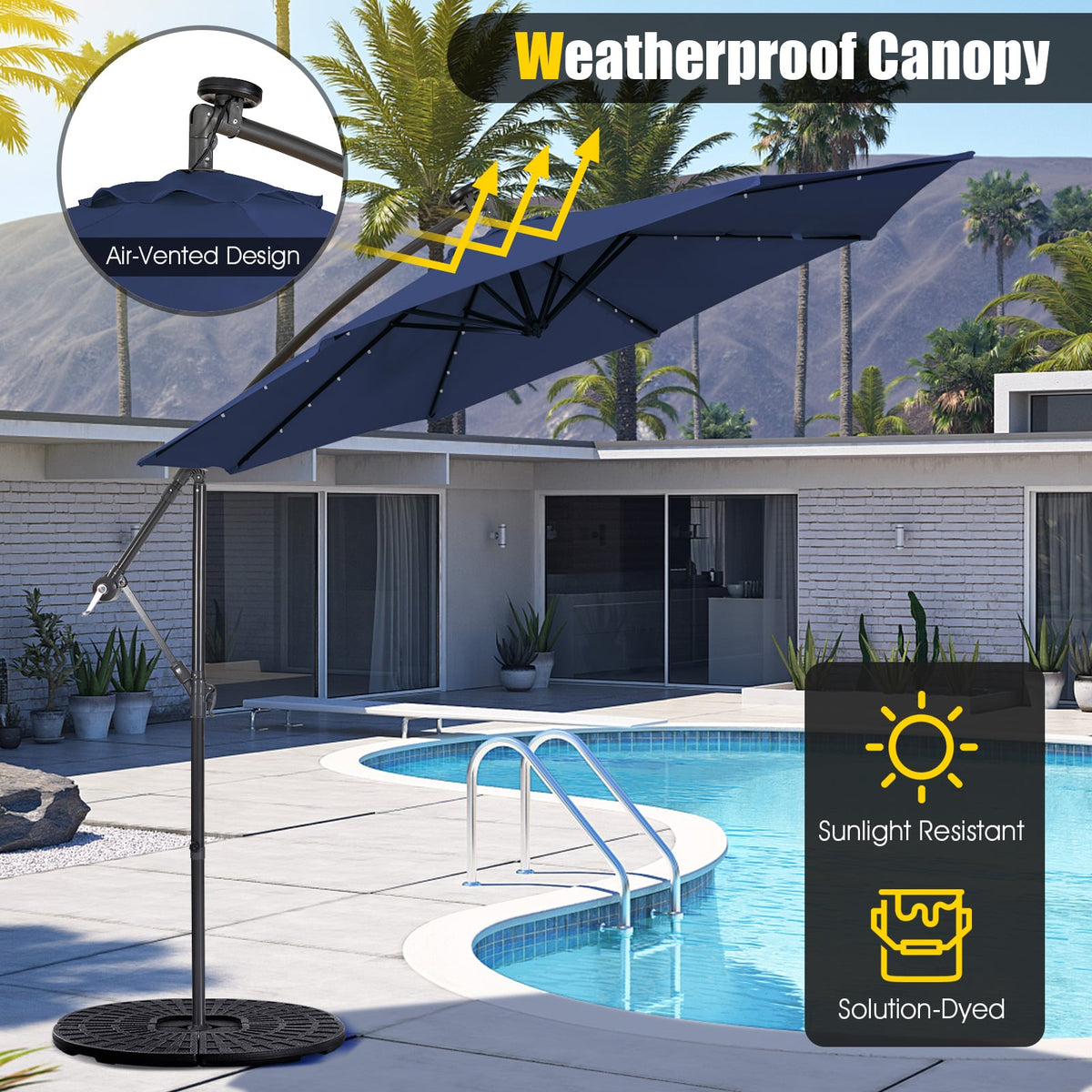10 Feet Patio Solar Powered Cantilever Umbrella with Tilting System-Navy-Outdoor Umbrellas-DECOROLALA