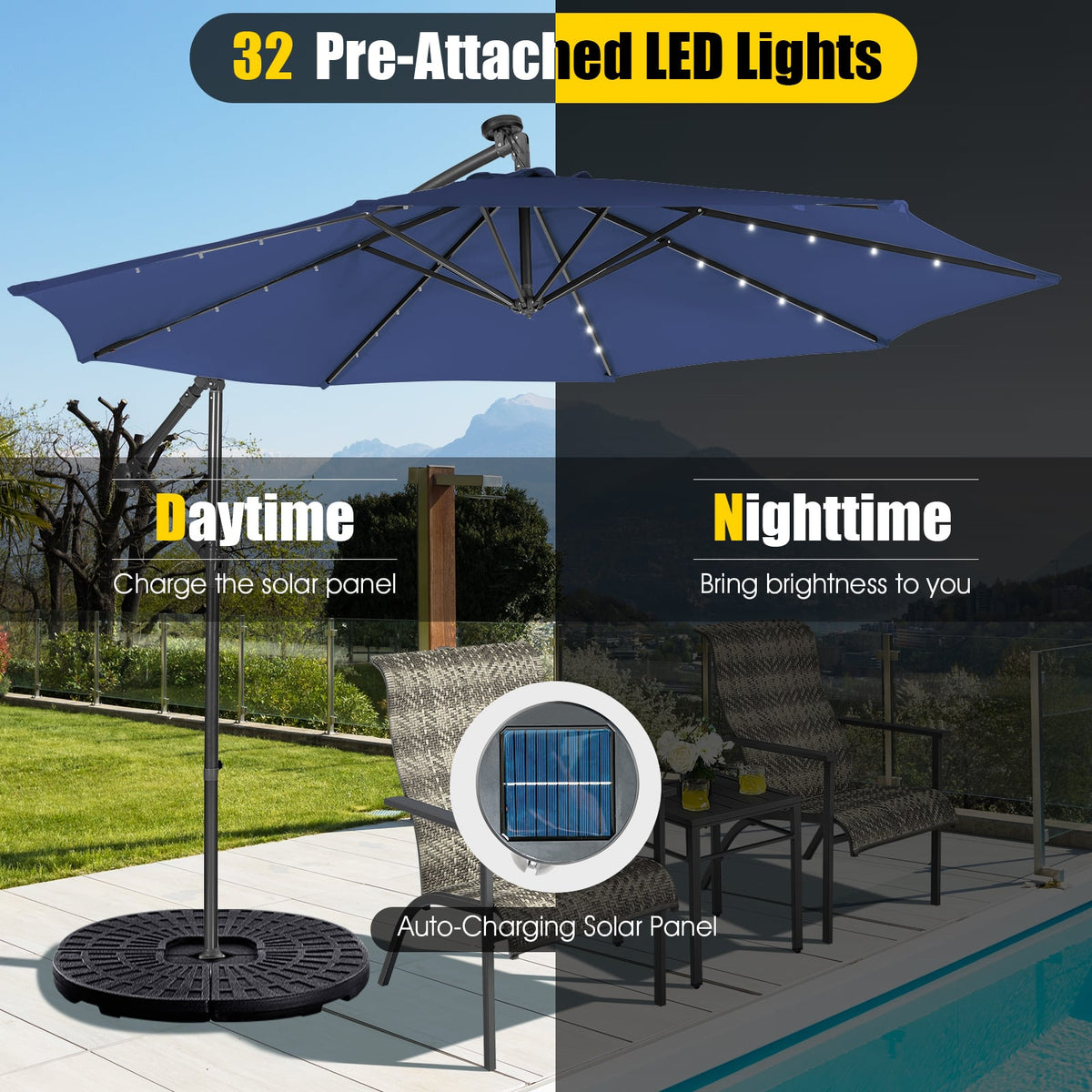 10 Feet Patio Solar Powered Cantilever Umbrella with Tilting System-Navy-Outdoor Umbrellas-DECOROLALA