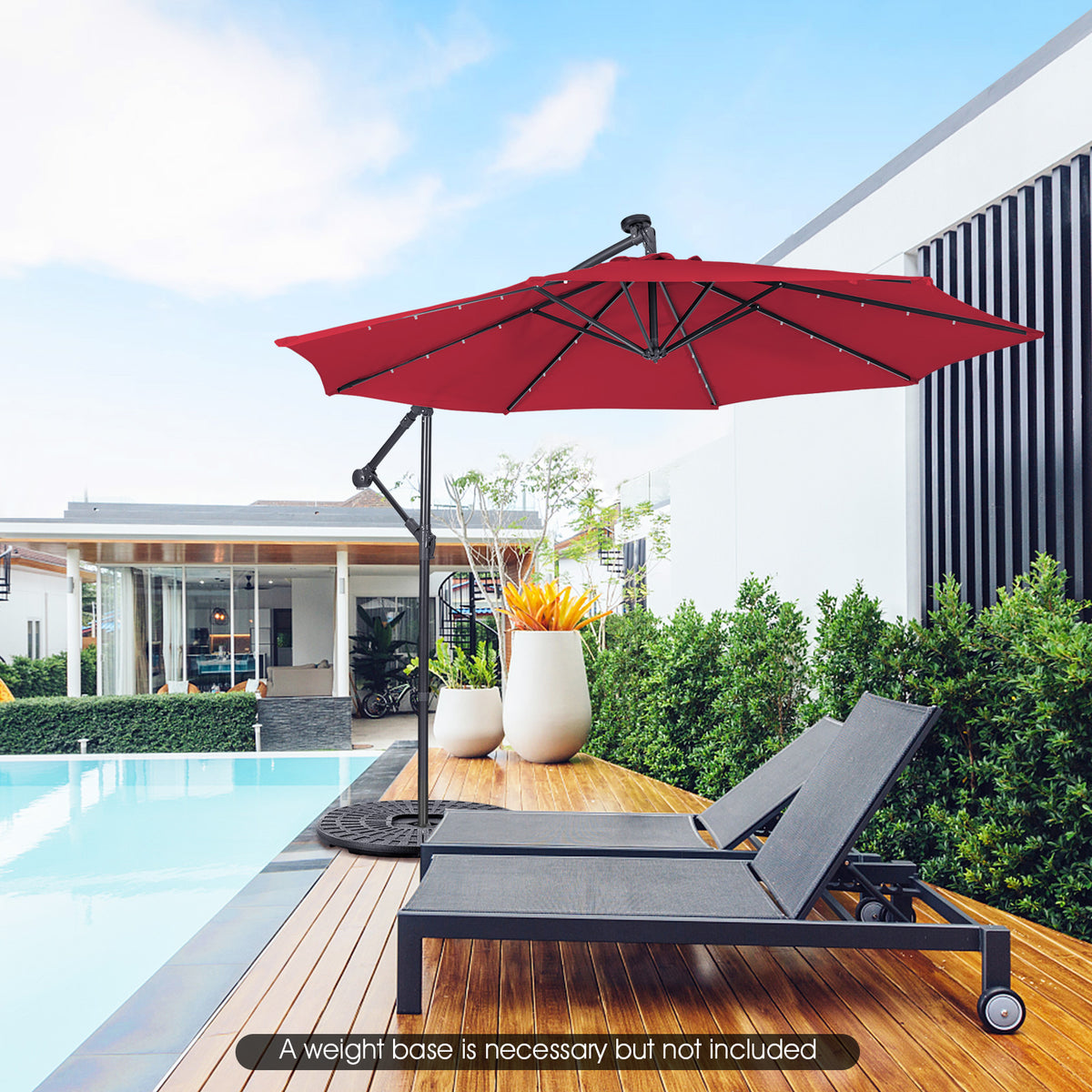 10 Feet Patio Solar Powered Cantilever Umbrella with Tilting System-Wine-Outdoor Umbrellas-DECOROLALA