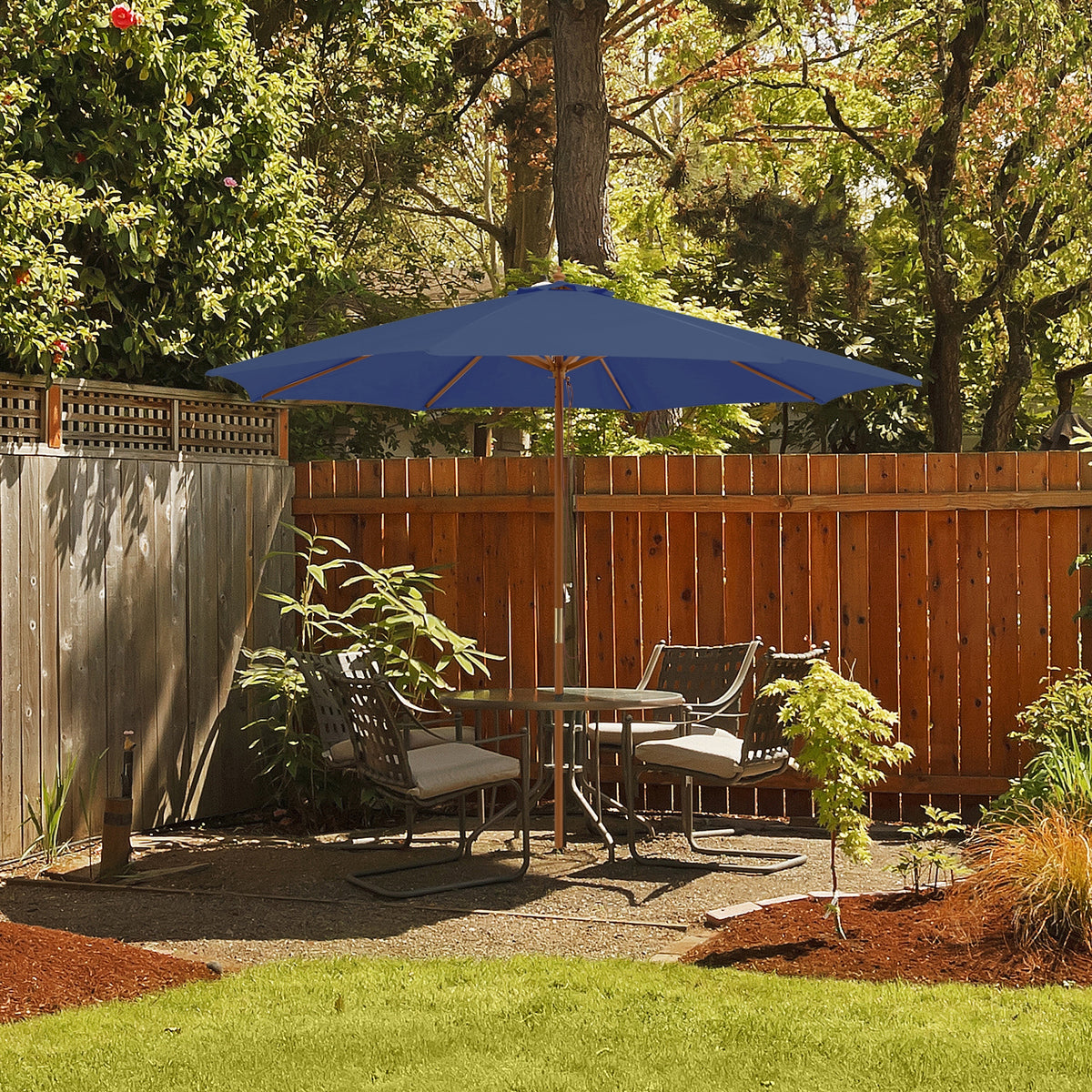 10 Feet Patio Umbrella with 8 Wooden Ribs and 3 Adjustable Heights-Navy-Outdoor Umbrellas-DECOROLALA