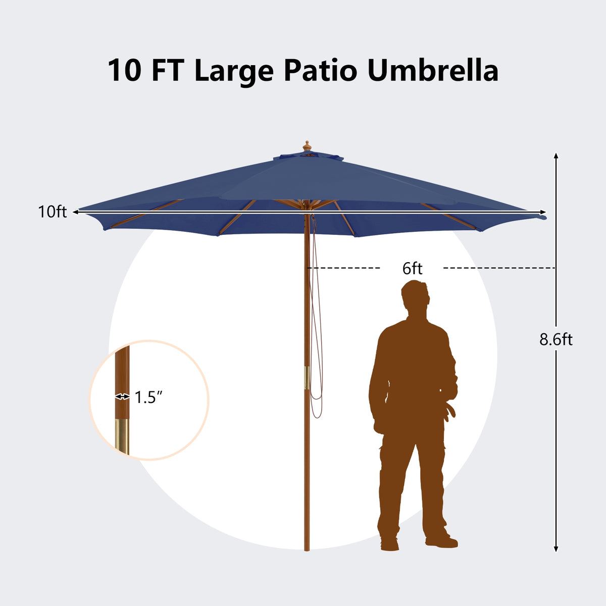 10 Feet Patio Umbrella with 8 Wooden Ribs and 3 Adjustable Heights-Navy-Outdoor Umbrellas-DECOROLALA