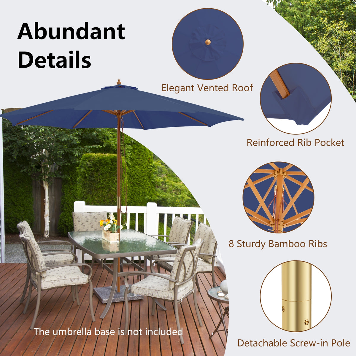 10 Feet Patio Umbrella with 8 Wooden Ribs and 3 Adjustable Heights-Navy-Outdoor Umbrellas-DECOROLALA