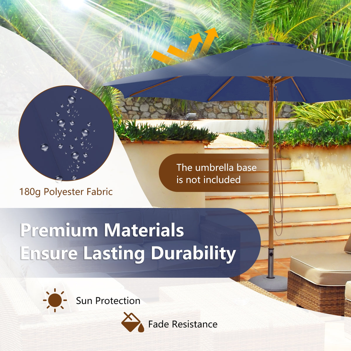 10 Feet Patio Umbrella with 8 Wooden Ribs and 3 Adjustable Heights-Navy-Outdoor Umbrellas-DECOROLALA