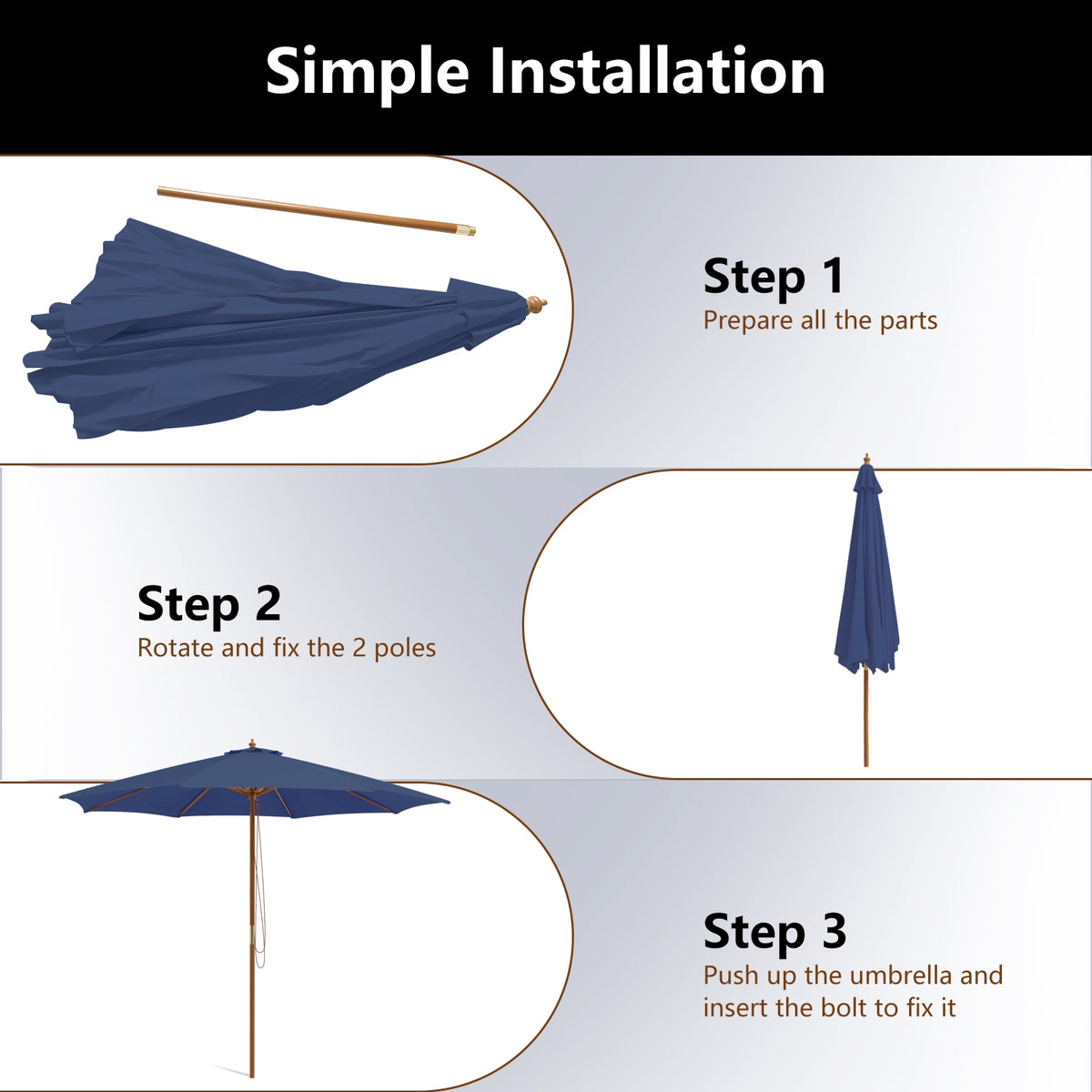 10 Feet Patio Umbrella with 8 Wooden Ribs and 3 Adjustable Heights-Navy-Outdoor Umbrellas-DECOROLALA