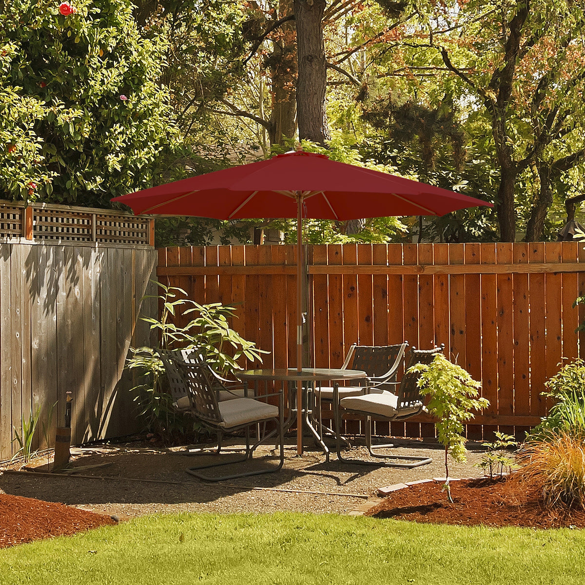 10 Feet Patio Umbrella with 8 Wooden Ribs and 3 Adjustable Heights-Wine-Outdoor Umbrellas-DECOROLALA