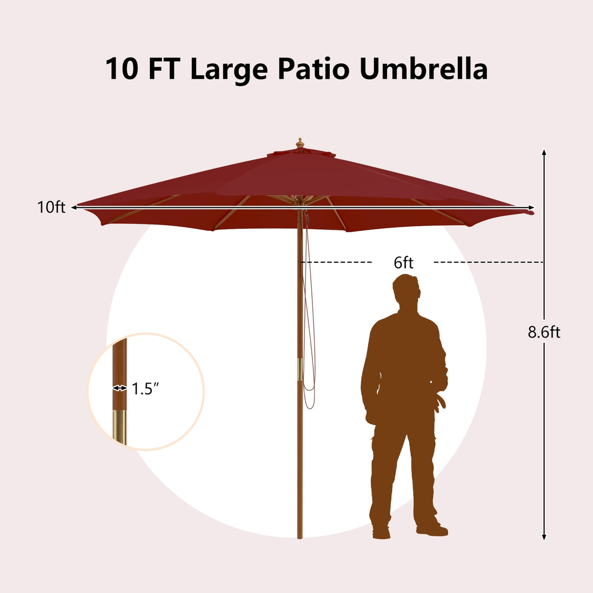 10 Feet Patio Umbrella with 8 Wooden Ribs and 3 Adjustable Heights-Wine-Outdoor Umbrellas-DECOROLALA