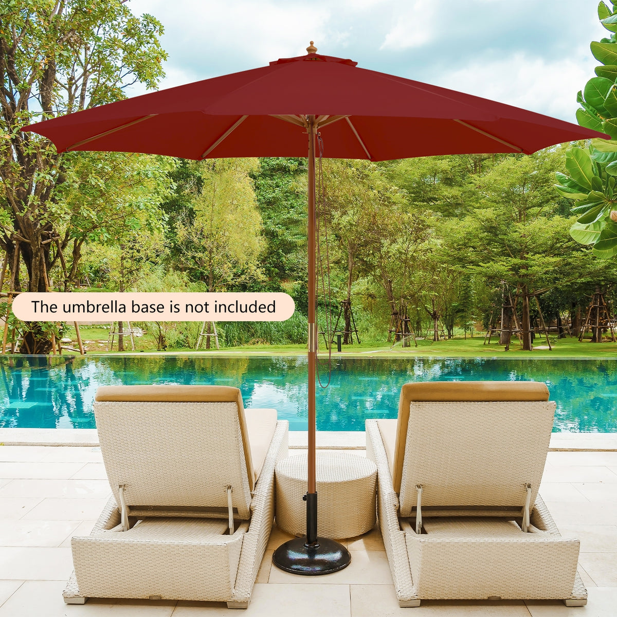 10 Feet Patio Umbrella with 8 Wooden Ribs and 3 Adjustable Heights-Wine-Outdoor Umbrellas-DECOROLALA