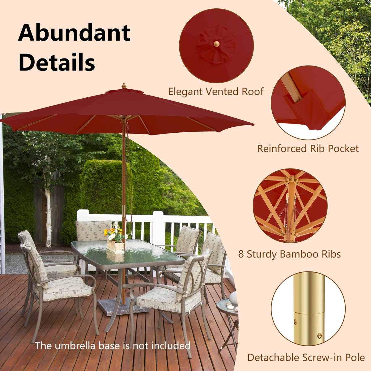 10 Feet Patio Umbrella with 8 Wooden Ribs and 3 Adjustable Heights-Wine-Outdoor Umbrellas-DECOROLALA
