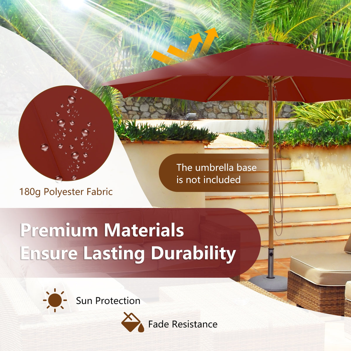 10 Feet Patio Umbrella with 8 Wooden Ribs and 3 Adjustable Heights-Wine-Outdoor Umbrellas-DECOROLALA