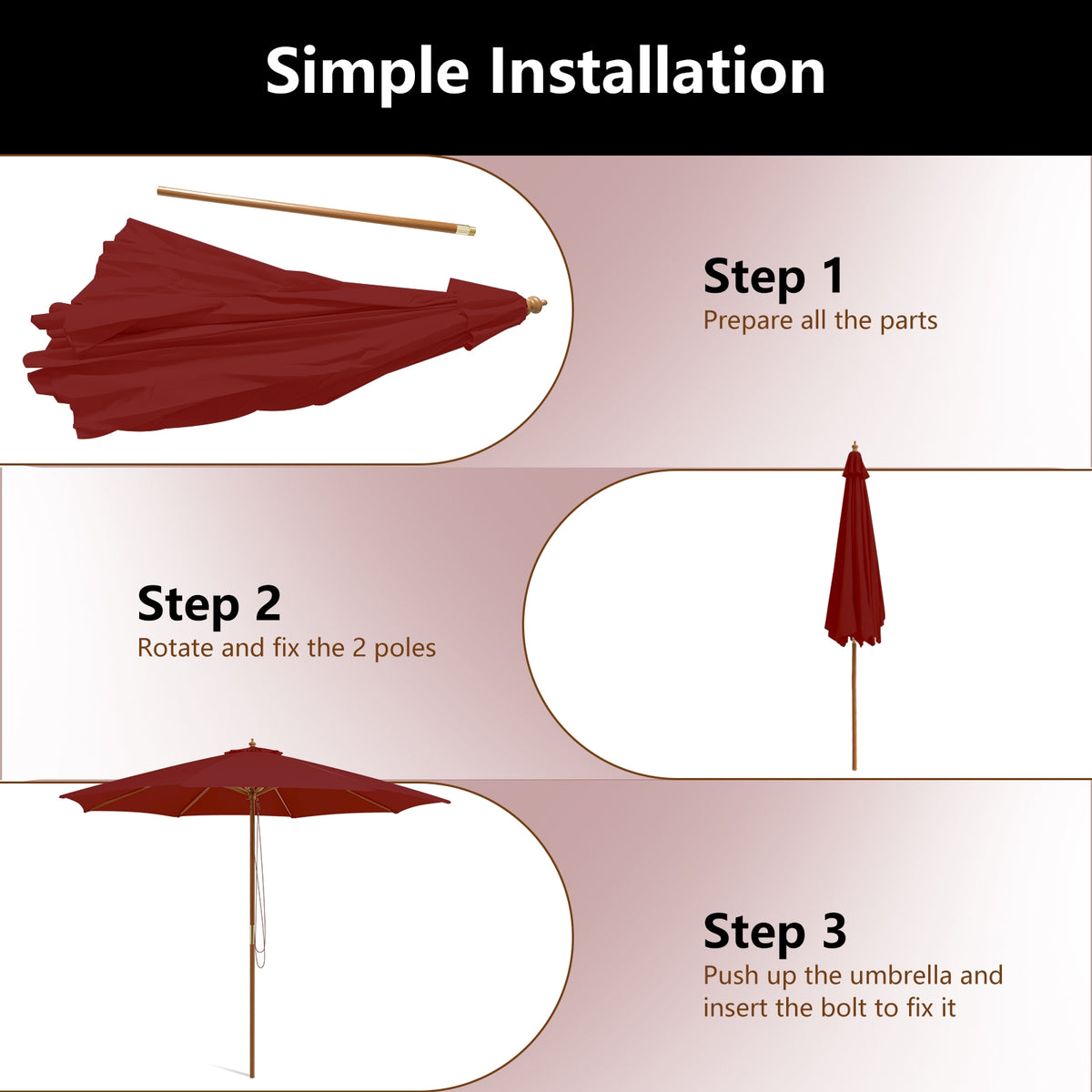 10 Feet Patio Umbrella with 8 Wooden Ribs and 3 Adjustable Heights-Wine-Outdoor Umbrellas-DECOROLALA