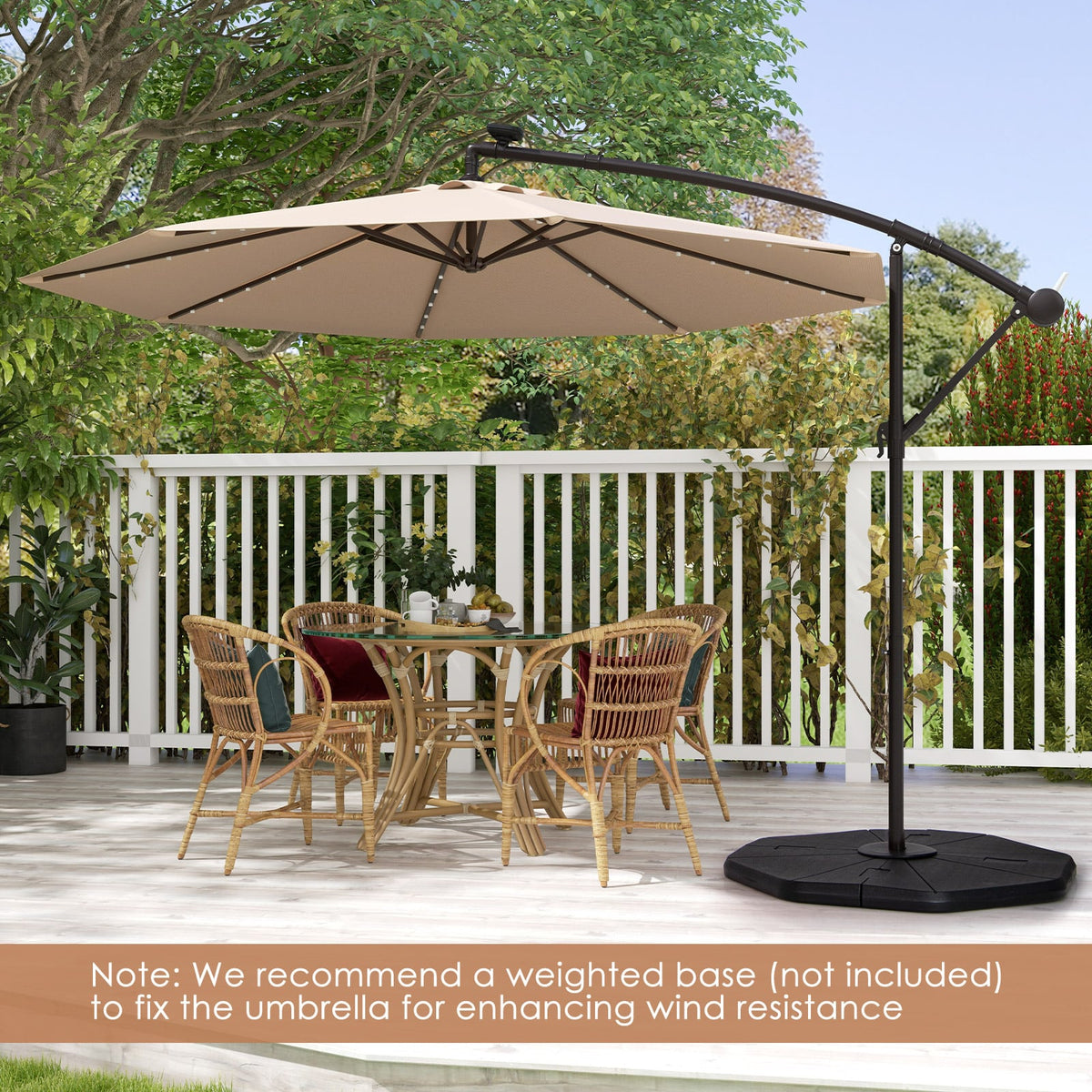 10 Feet Solar Offset Hanging Umbrella with 40 Lamp Beads and Solar Panel-Tan-Outdoor Umbrellas-DECOROLALA