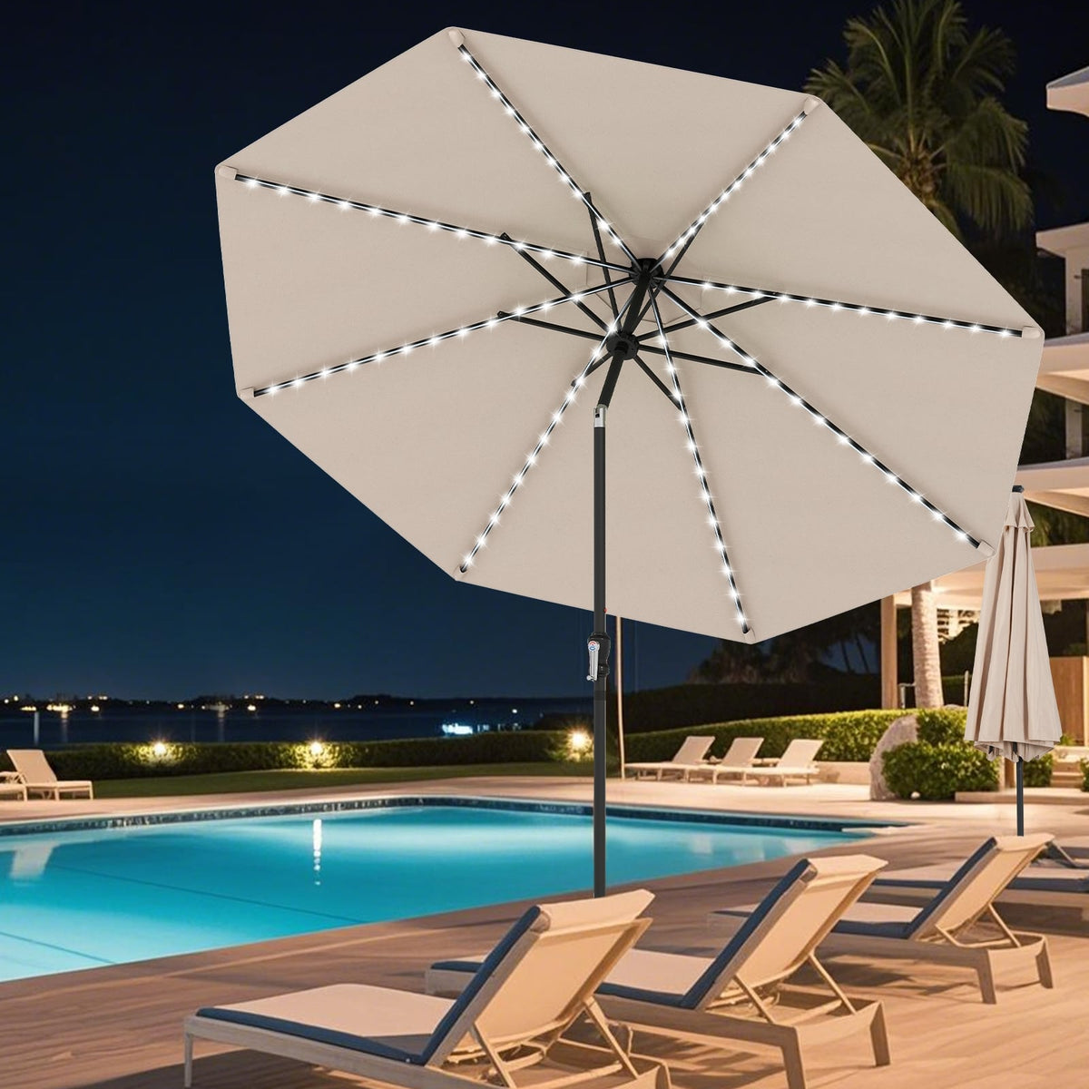 10 Feet Solar Patio Umbrella with 96 Multi-Colored Flowing LED Lights and Tilt Adjustment-Beige-Outdoor Umbrellas-DECOROLALA