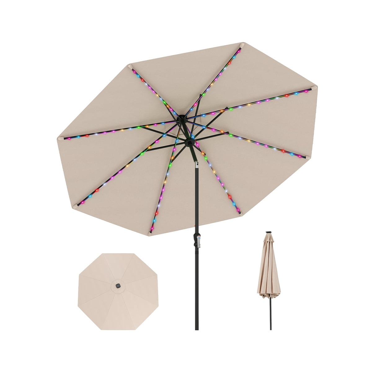 10 Feet Solar Patio Umbrella with 96 Multi-Colored Flowing LED Lights and Tilt Adjustment-Beige-Outdoor Umbrellas-DECOROLALA