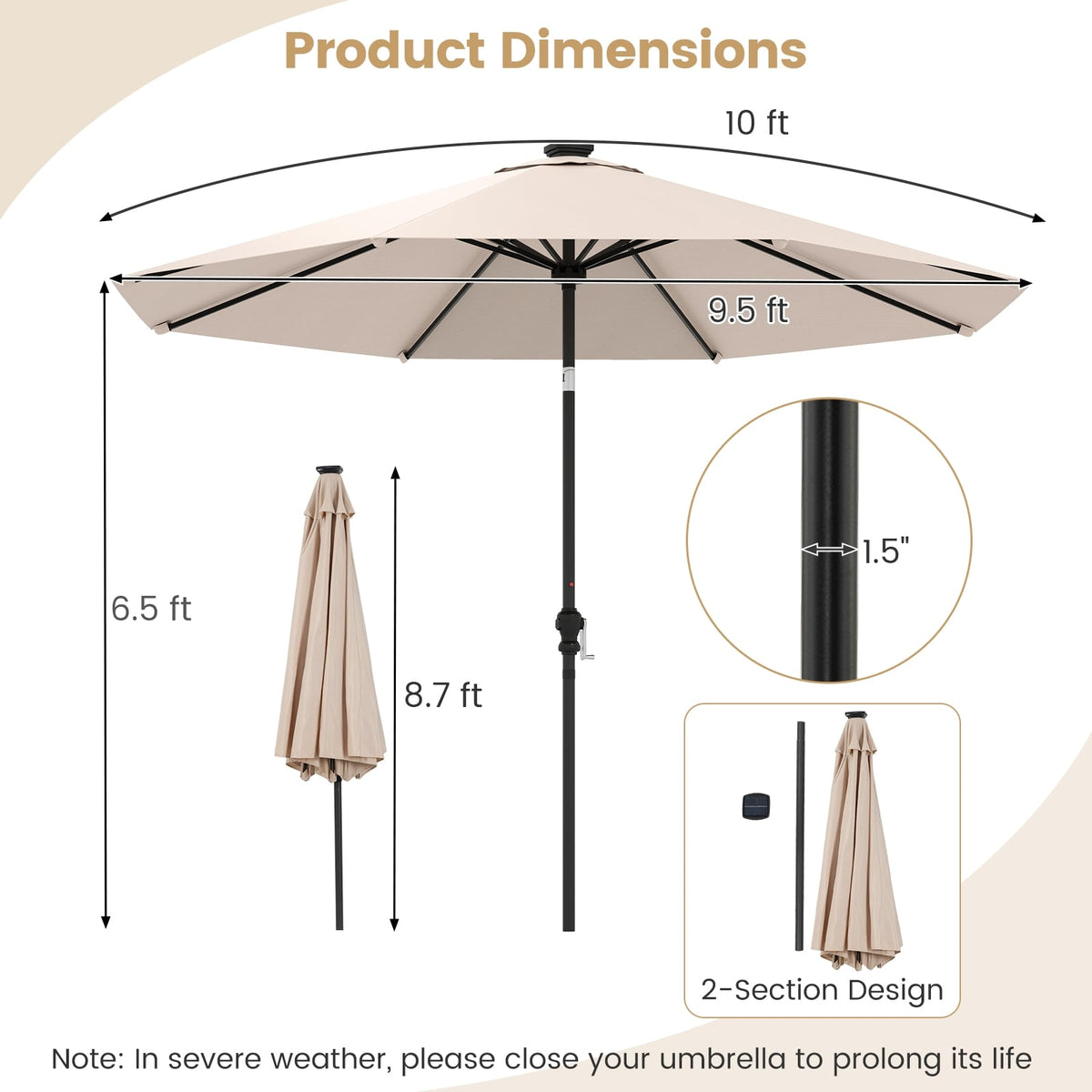 10 Feet Solar Patio Umbrella with 96 Multi-Colored Flowing LED Lights and Tilt Adjustment-Beige-Outdoor Umbrellas-DECOROLALA