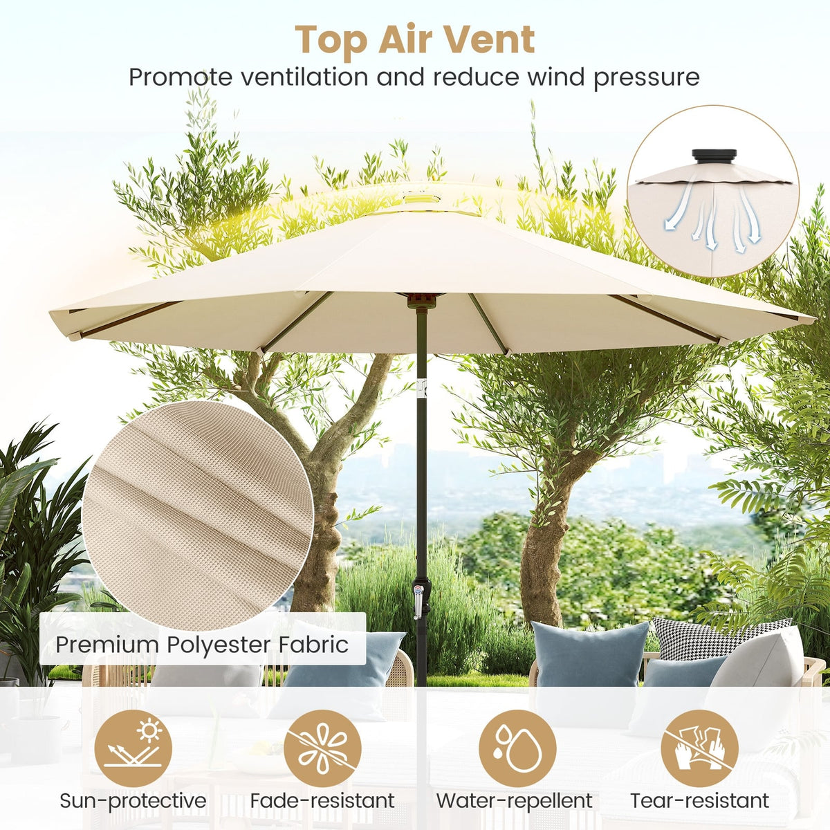 10 Feet Solar Patio Umbrella with 96 Multi-Colored Flowing LED Lights and Tilt Adjustment-Beige-Outdoor Umbrellas-DECOROLALA