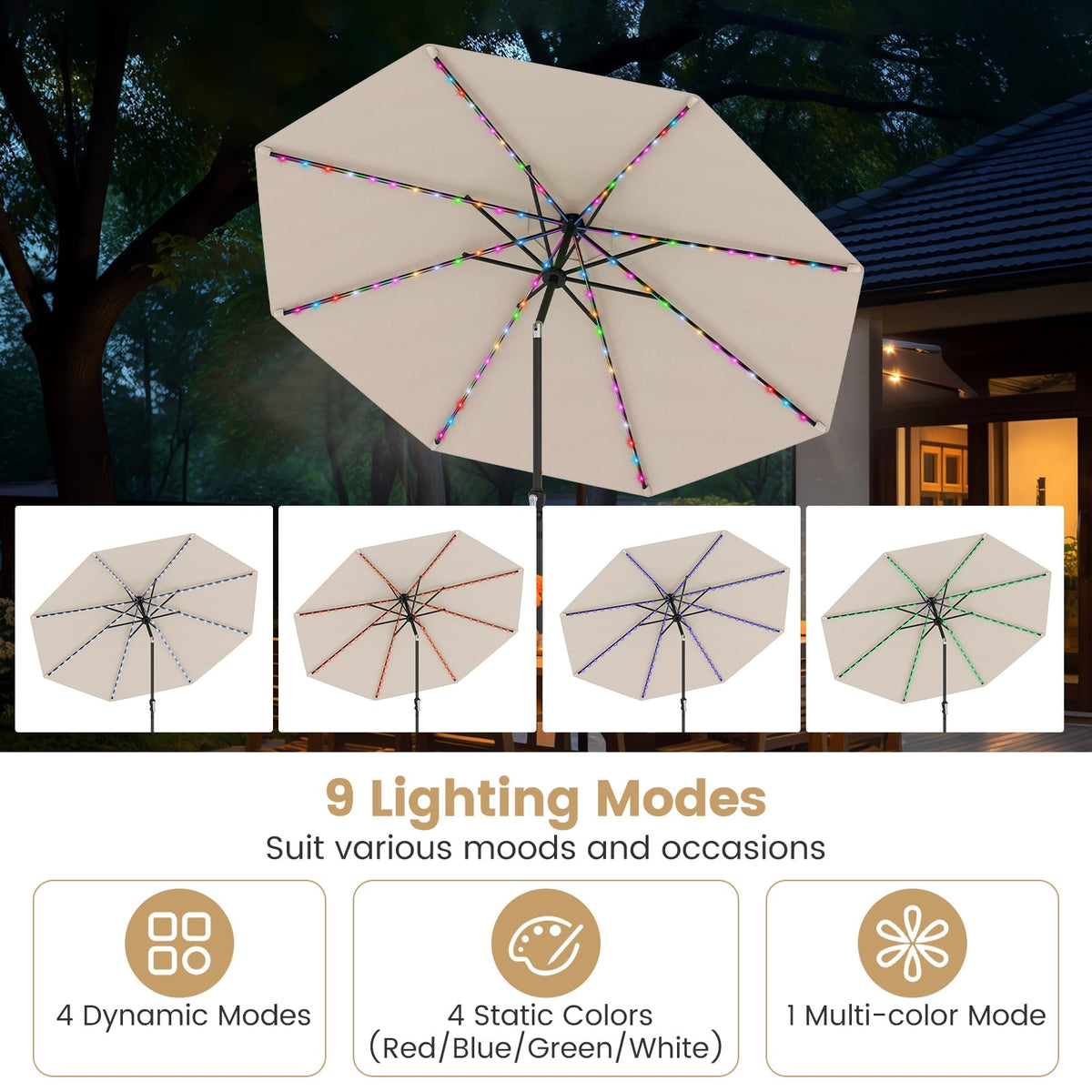 10 Feet Solar Patio Umbrella with 96 Multi-Colored Flowing LED Lights and Tilt Adjustment-Beige-Outdoor Umbrellas-DECOROLALA