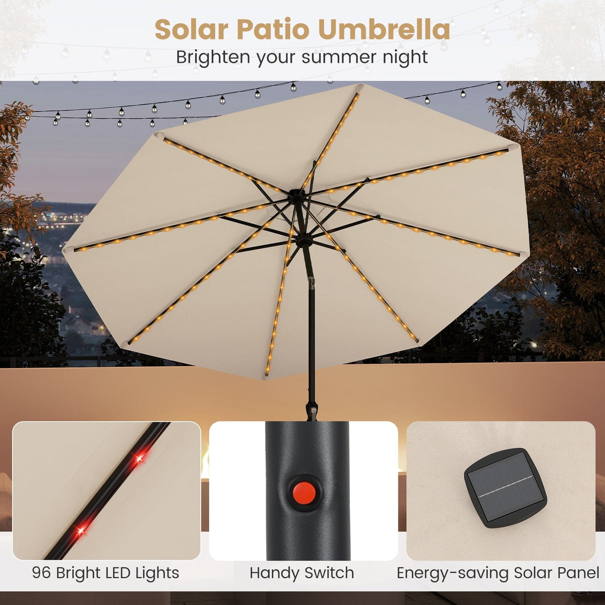 10 Feet Solar Patio Umbrella with 96 Multi-Colored Flowing LED Lights and Tilt Adjustment-Beige-Outdoor Umbrellas-DECOROLALA