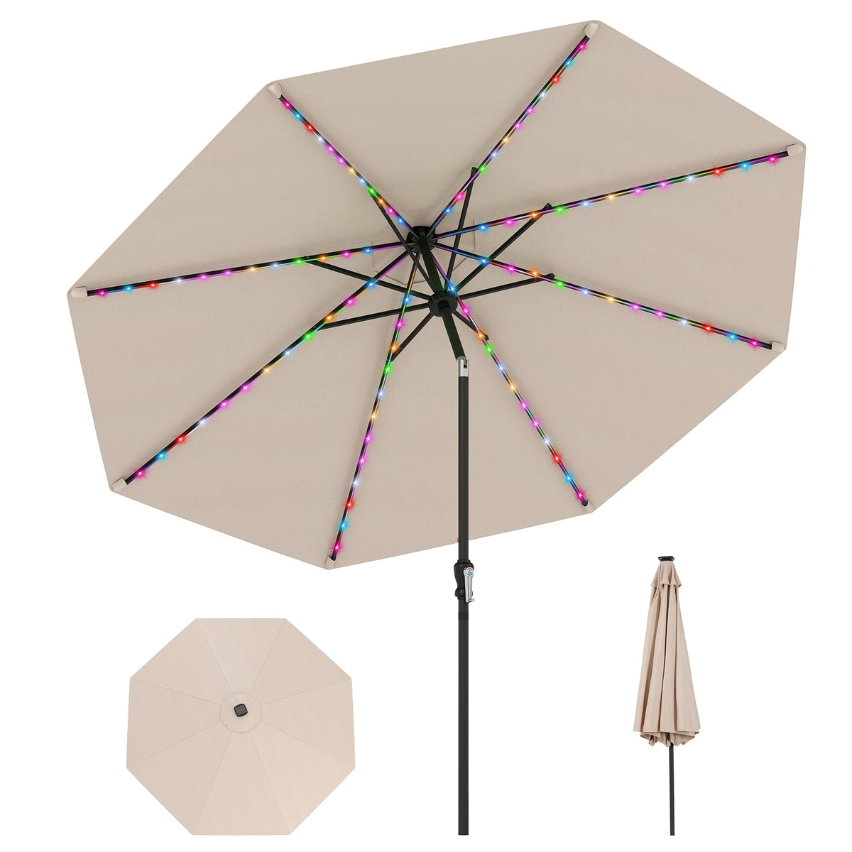 10 Feet Solar Patio Umbrella with 96 Multi-Colored Flowing LED Lights and Tilt Adjustment-Beige-Outdoor Umbrellas-DECOROLALA