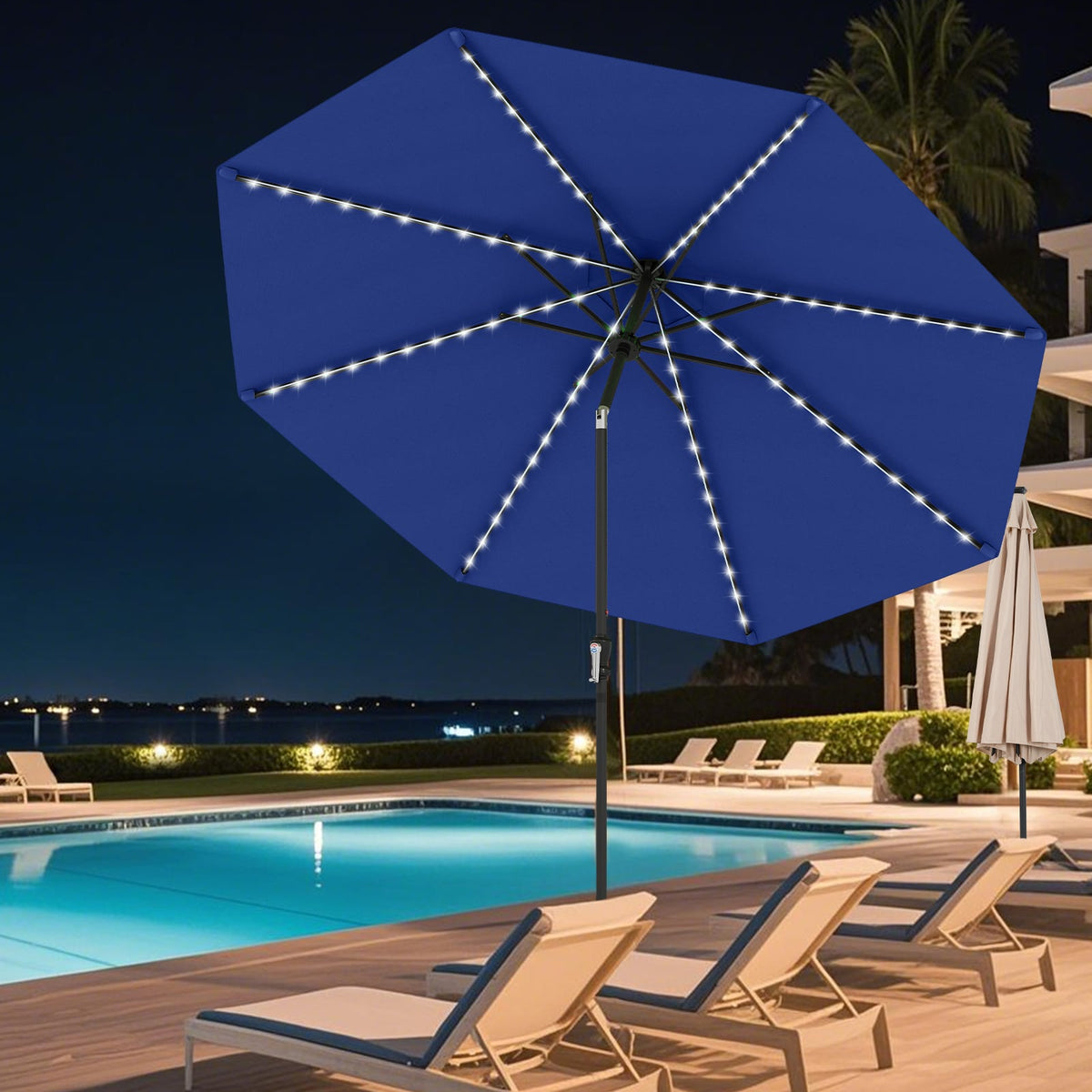 10 Feet Solar Patio Umbrella with 96 Multi-Colored Flowing LED Lights and Tilt Adjustment-Navy-Outdoor Umbrellas-DECOROLALA