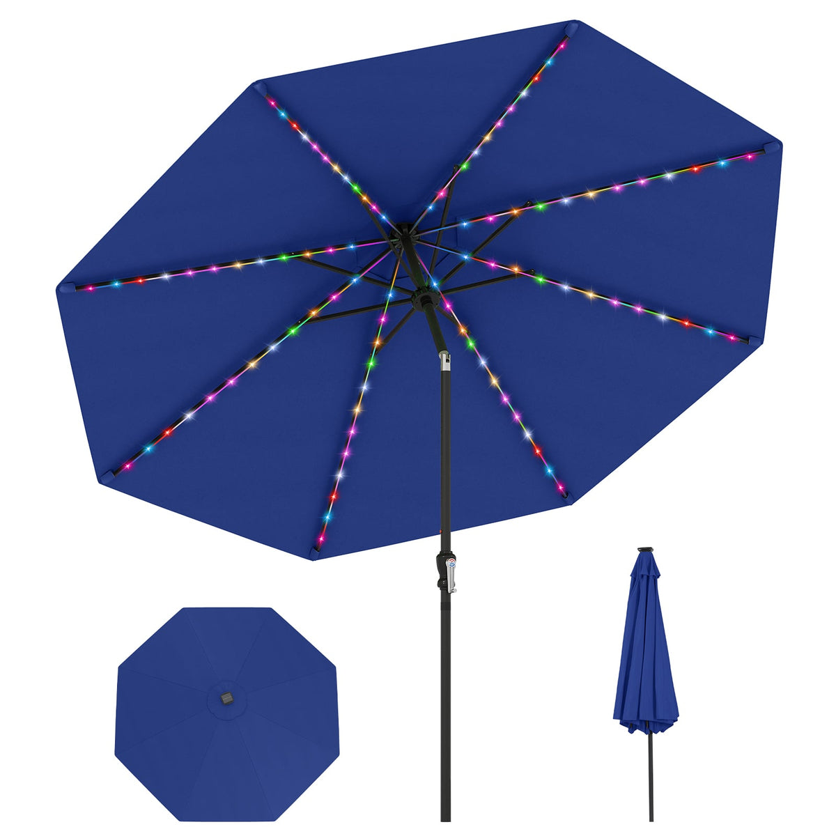 10 Feet Solar Patio Umbrella with 96 Multi-Colored Flowing LED Lights and Tilt Adjustment-Navy-Outdoor Umbrellas-DECOROLALA