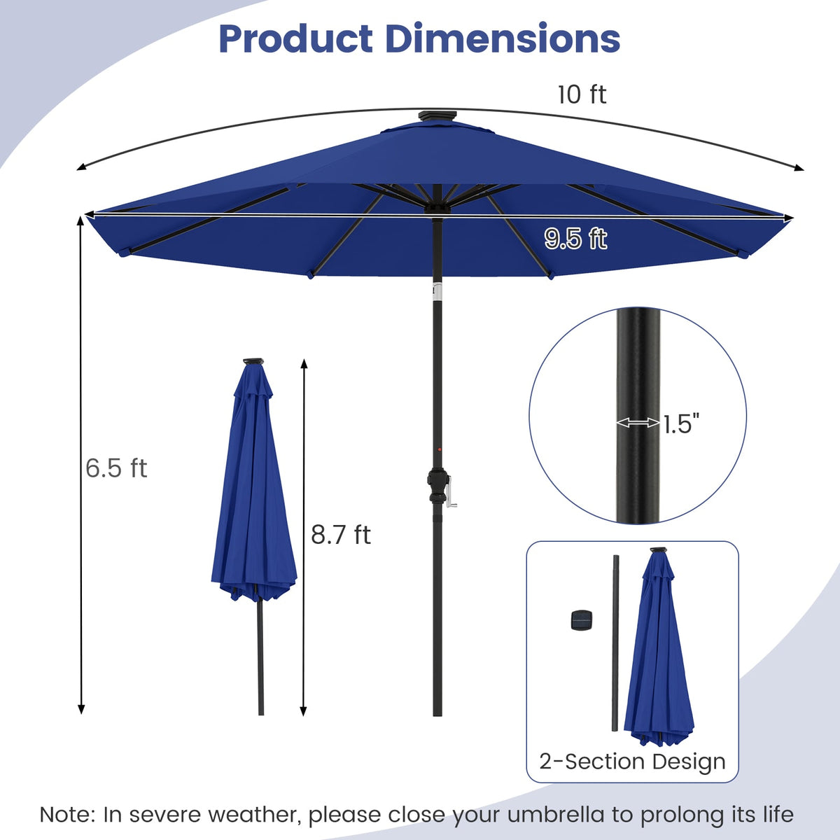 10 Feet Solar Patio Umbrella with 96 Multi-Colored Flowing LED Lights and Tilt Adjustment-Navy-Outdoor Umbrellas-DECOROLALA