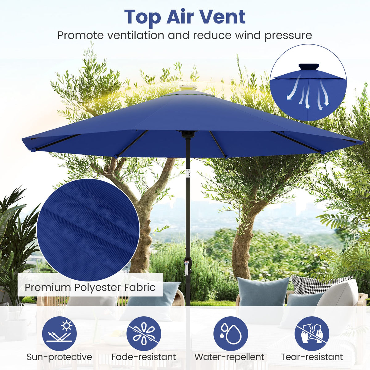 10 Feet Solar Patio Umbrella with 96 Multi-Colored Flowing LED Lights and Tilt Adjustment-Navy-Outdoor Umbrellas-DECOROLALA