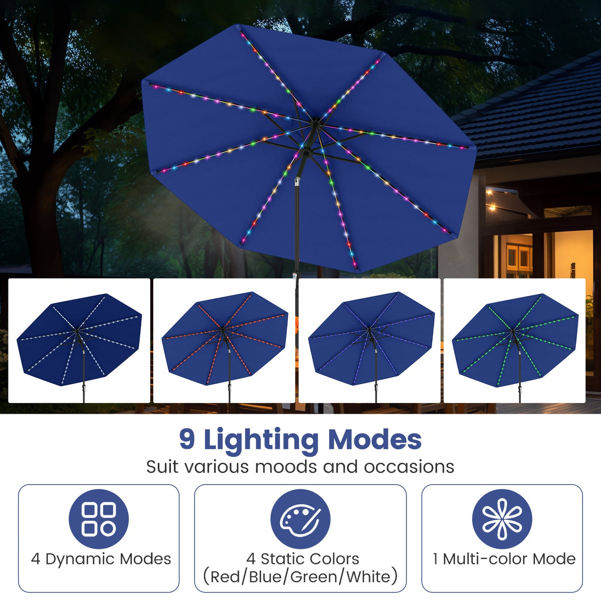 10 Feet Solar Patio Umbrella with 96 Multi-Colored Flowing LED Lights and Tilt Adjustment-Navy-Outdoor Umbrellas-DECOROLALA
