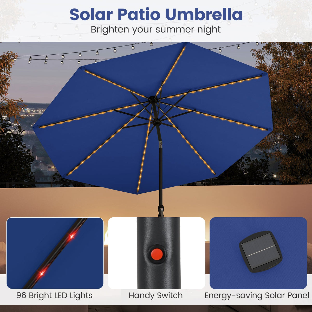 10 Feet Solar Patio Umbrella with 96 Multi-Colored Flowing LED Lights and Tilt Adjustment-Navy-Outdoor Umbrellas-DECOROLALA