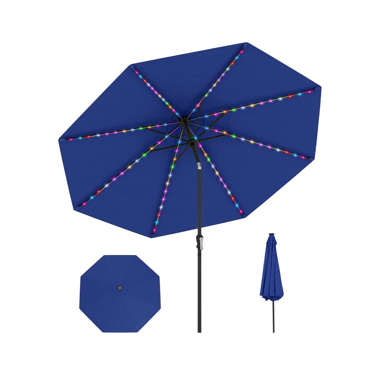10 Feet Solar Patio Umbrella with 96 Multi-Colored Flowing LED Lights and Tilt Adjustment-Navy-Outdoor Umbrellas-DECOROLALA