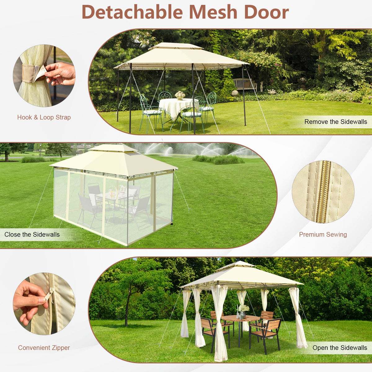 10 Feet x 13 Feet Tent Canopy Shelter with Removable Netting Sidewall-Beige-Gazebos-DECOROLALA