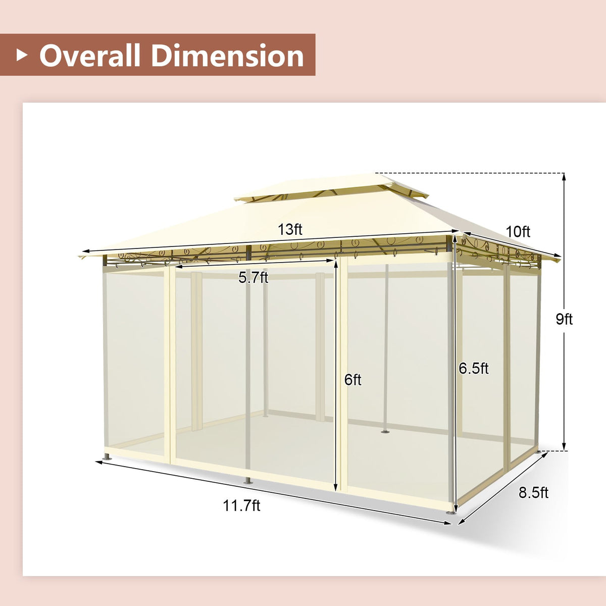10 Feet x 13 Feet Tent Canopy Shelter with Removable Netting Sidewall-Beige-Gazebos-DECOROLALA