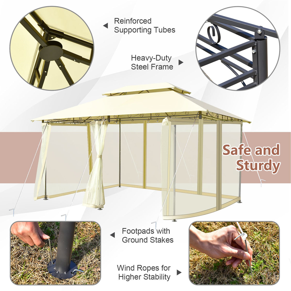 10 Feet x 13 Feet Tent Canopy Shelter with Removable Netting Sidewall-Beige-Gazebos-DECOROLALA