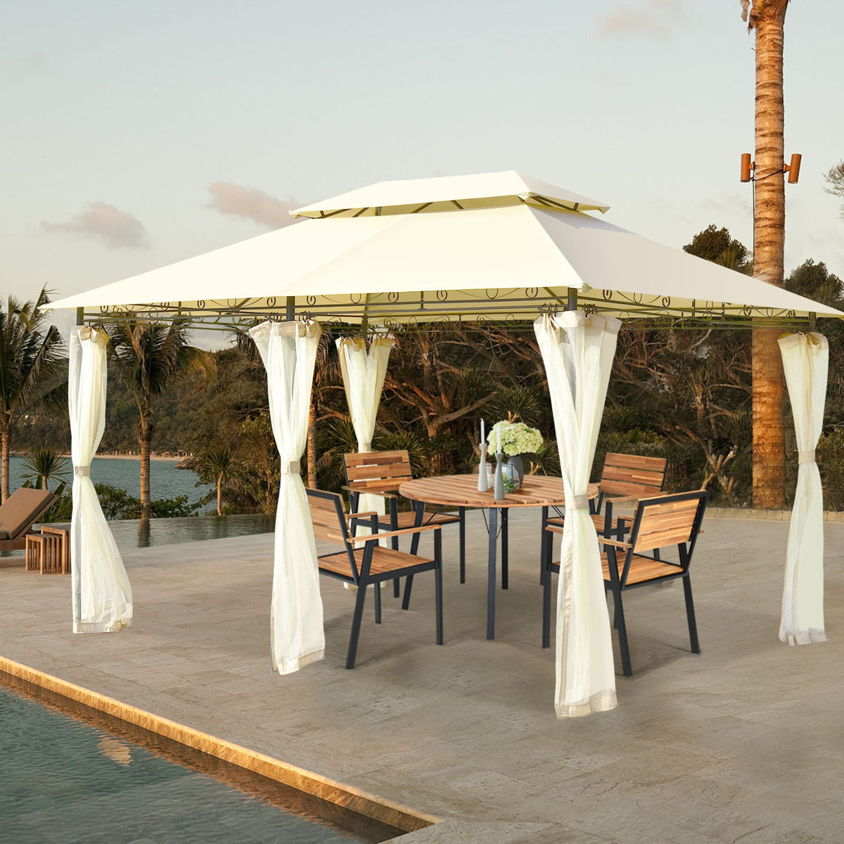 10 Feet x 13 Feet Tent Canopy Shelter with Removable Netting Sidewall-Beige-Gazebos-DECOROLALA