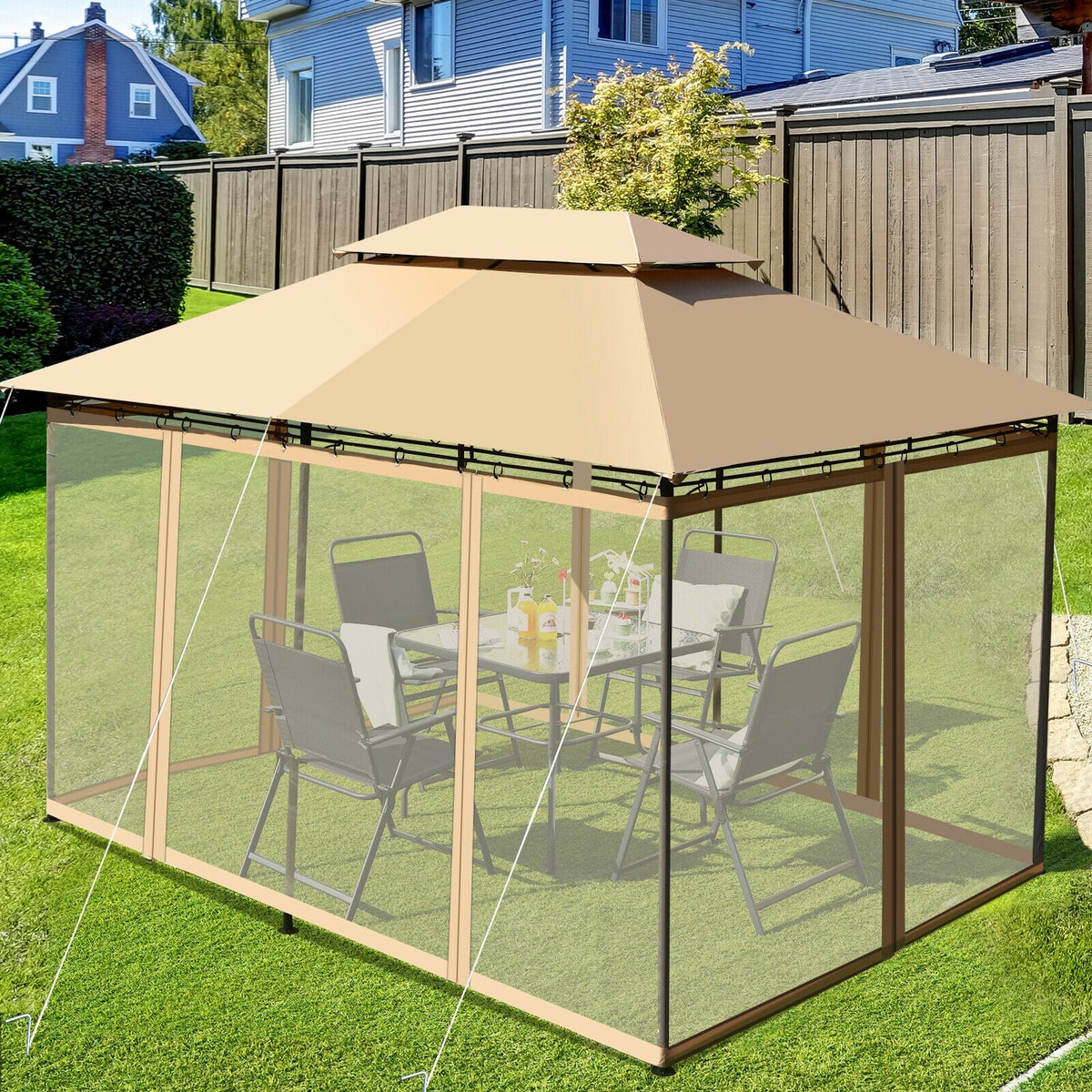 10 Feet x 13 Feet Tent Canopy Shelter with Removable Netting Sidewall-Tan-Gazebos-DECOROLALA