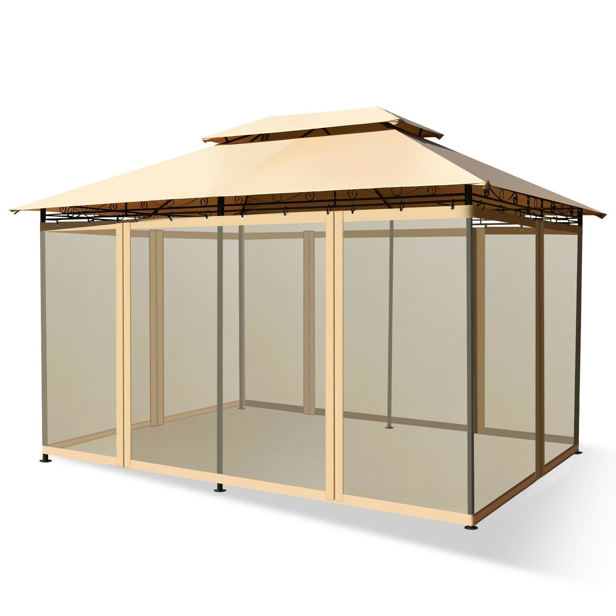 10 Feet x 13 Feet Tent Canopy Shelter with Removable Netting Sidewall-Tan-Gazebos-DECOROLALA